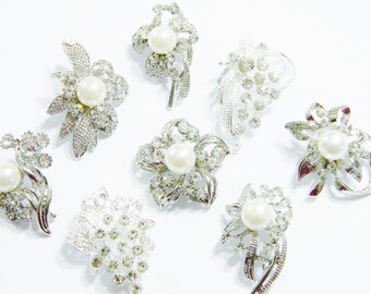 Sale DIY Mixed Brooches Silver Metal Crystal Clear Rhinestone Pinback Bridal Wedding Diy Metal Brooch Bouquet 8 Pieces B2vf