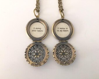 Mother Daughter Necklace Set, I carry your heart I carry it in my heart, quote locket, message locket, set of two , matching lockets,