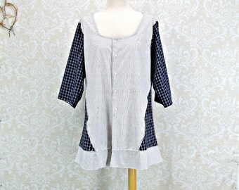 Womens Medium to Large,Upcycled Clothing,Womens Clothing,Womens Shirt,Navy Blue Top,Button front,Roll up Sleeves,Patchwork Tunic