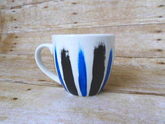 Items Similar To Blue And Black Striped Coffee Mug - Unique Coffee Cup ...