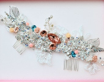 Swarovski crystal Peach Champagne Sapphire Blue, Coral and Silver Classic Gatsby Vintage rose Bridal Hair Comb Lace Vine Piece Slide