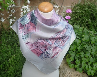 Reserved for P. French Souvenir scarf from Corsica, acetate, pink and green.