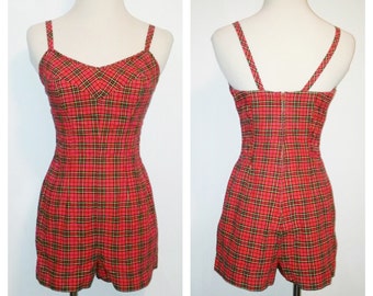 Vintage Red Tartan Jantzen Bathing Suit Swimsuit Romper Playsuit, circa, 1950's