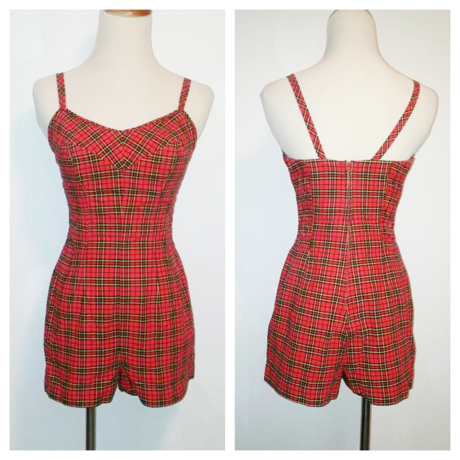 Vintage Red Tartan Jantzen Bathing Suit Swimsuit Romper