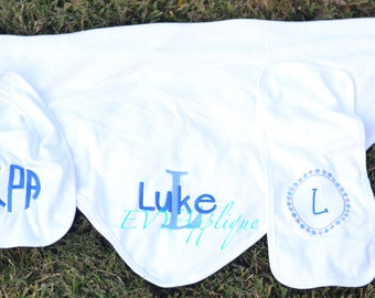Monogrammed baby boy gift set layette, monogram outfit, hat, burp cloth, blanket, bib, Baby boy take home outfit, Personalized Baby Boy Set
