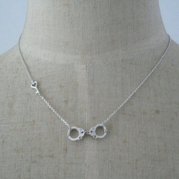 Handcuff necklace with heart key in silver cute by Goodafter6