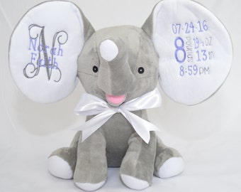 Baby Girl Gift - Baby Boy Gift - Gray Personalized Elephant Cubbie - Embroidered with Birth Statistics