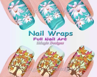Nail Wraps, Waterslide Full Nail Decals, Stickers, Maple Tree or Water Lily, Fall Leaves Nail Art