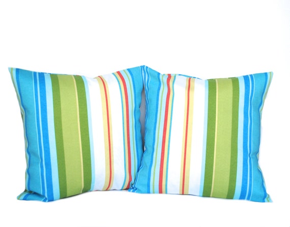 Two outdoor striped pillow covers blue pillow green pillow