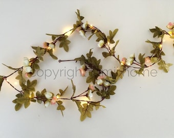 String light Pink and cream rose leaf garland Led fairy lights vintage woodland wedding decoration enchanted forest