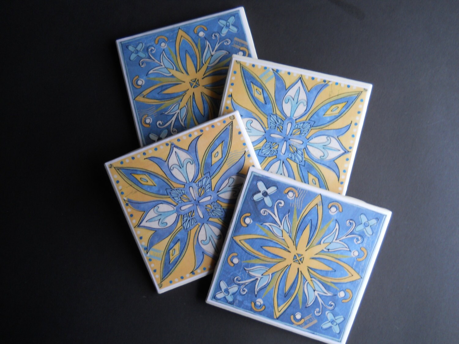 Spanish Tile Coasters Blue and Yellow Coasters Mexican