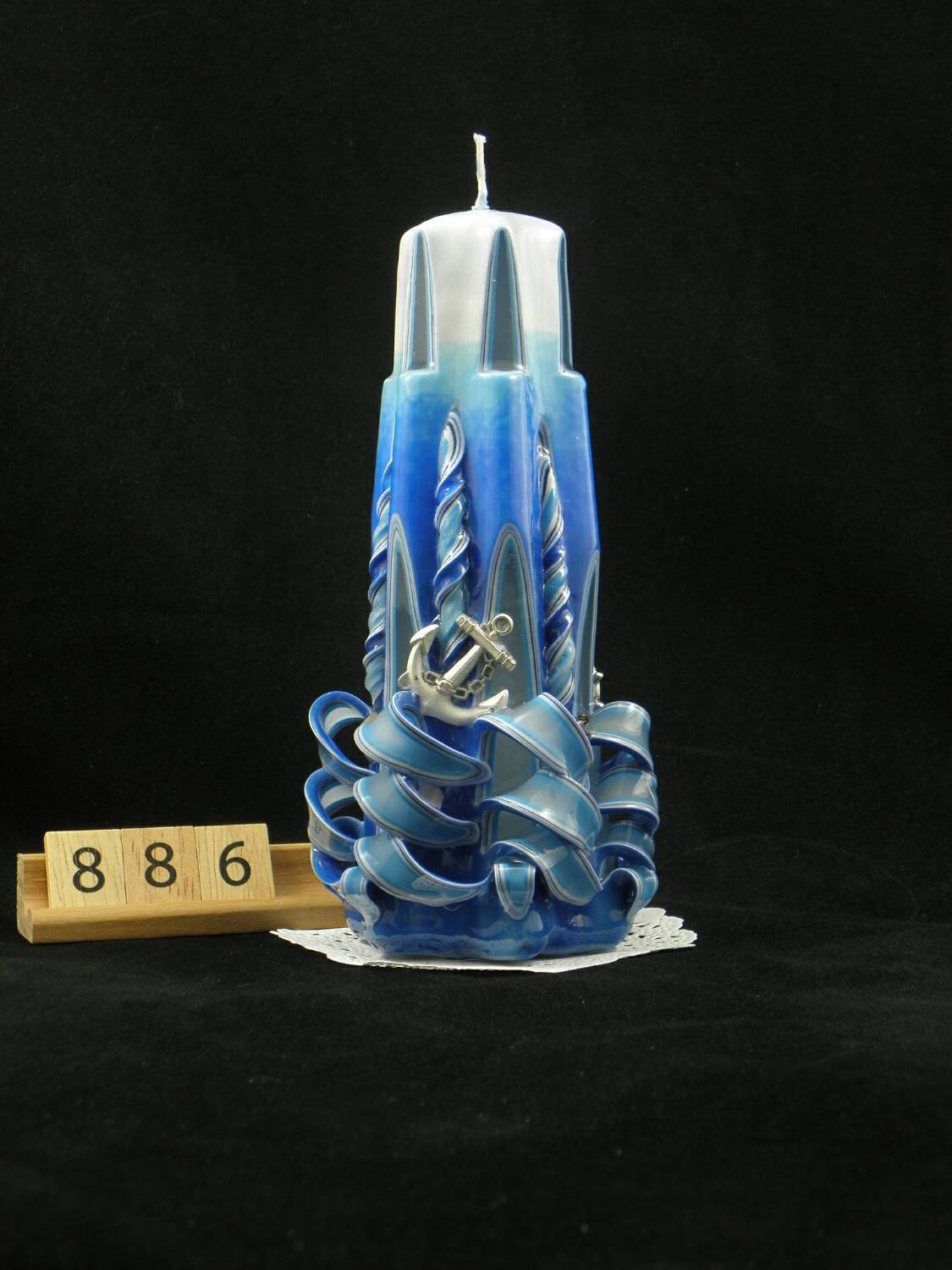 Hand Carved Candle Blue and White Lighthouse with an Anchor