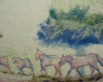 Original wool painted picture Horses felt art Wool picture