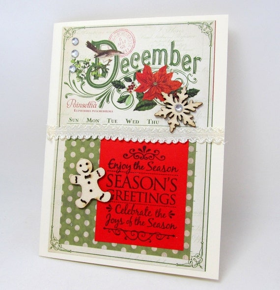 Seasons Greetings - Christmas Card - Vintage Style - Red and Green - Festive Holiday Card - Blank Card - Poinsettia Flower Card - Detailed