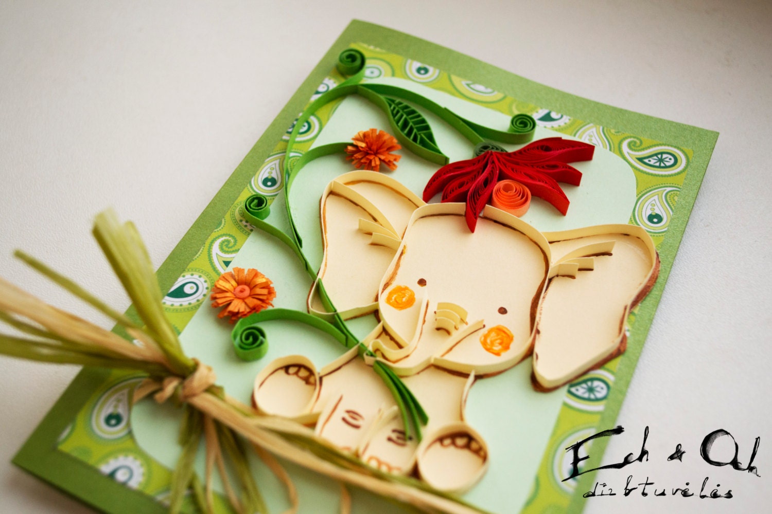 Cute paper quilled baby elephant with flower congratulations