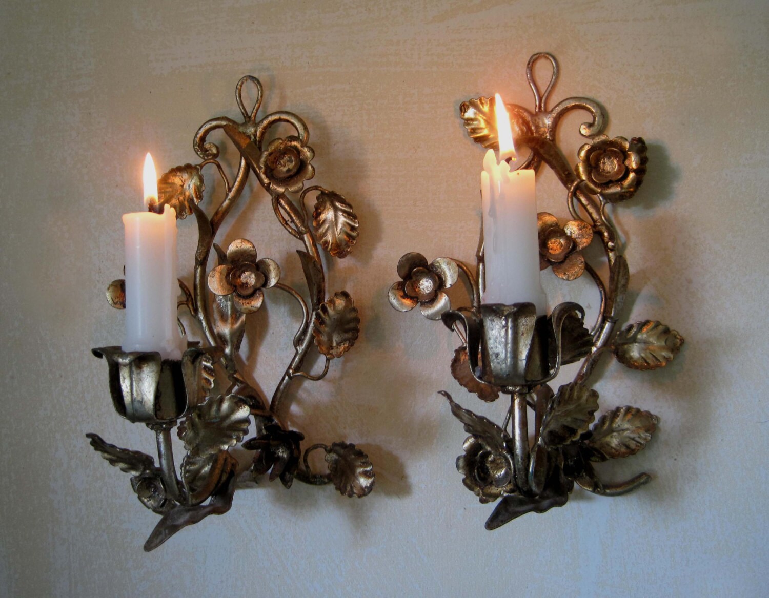 Toleware Gold Italy 2 Candle Wall Sconces Hollywood Regency