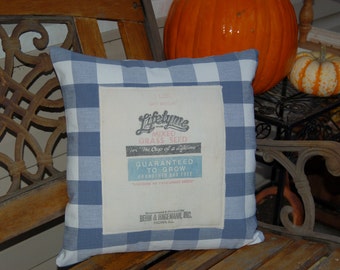 Vintage Seed Sack Pillow, Repurposed Seed Sack Pillow, 16x16 Blue Plaid