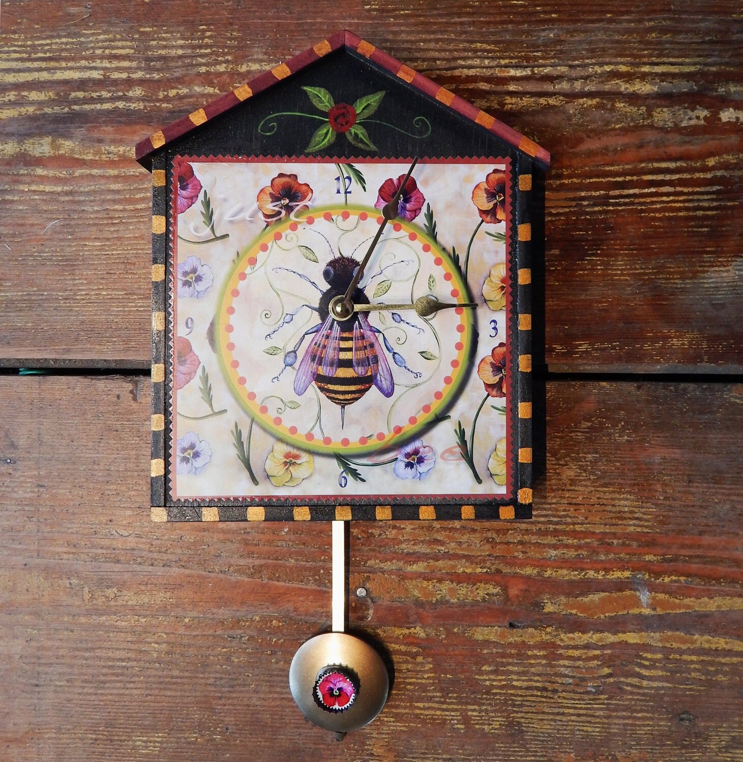 Clock big pendulum wall clock Just Bee wooden hand painted