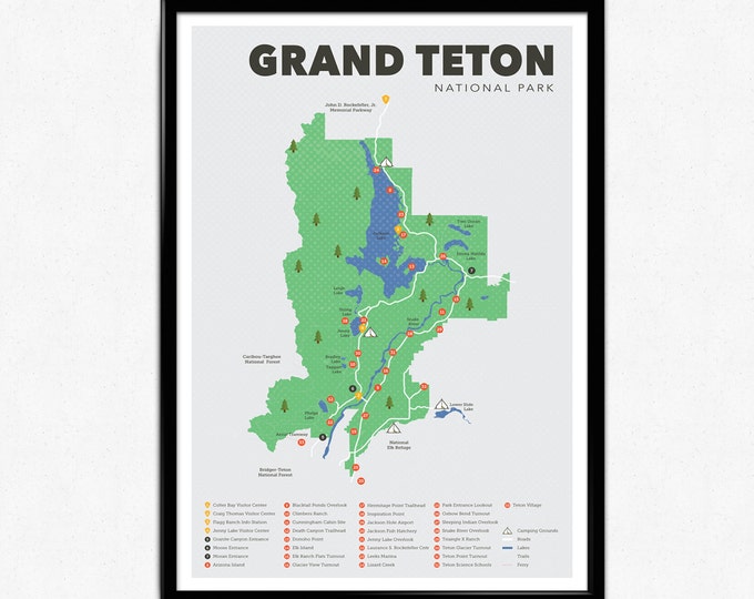 Grand Teton National Park Map, Grand Teton, Outdoors print, Explorer Wall Print