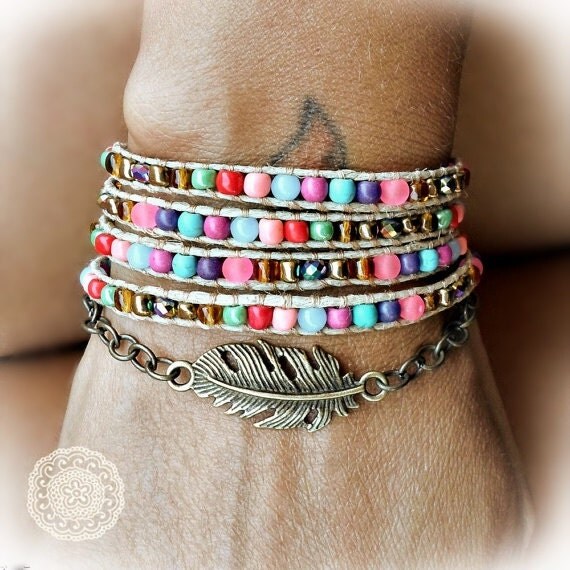 Bohemian Feather Wrap Bracelet Colorful Wrap Bracelet Bronze