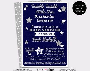 Twinkle Twinkle Little Star Baby Shower Invitation Twinkle Gender Neutral Navy Blue Silver Glitter Invitation - Double Sided Digital File