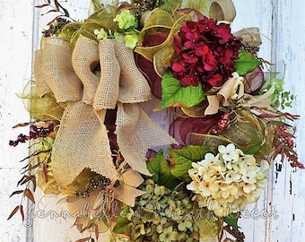 Fall Wreath, Summer, All Season, Burgundy and Olive Deco Mesh, Hydrangeas, Burlap Bows, Door Decor
