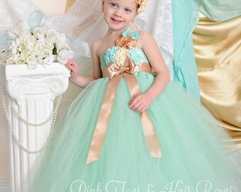 Flower girl dress-Mint Flower Girl Dress-Mint and Gold Flower girl dress- flower girl dress-Mint and Gold flower girl dress