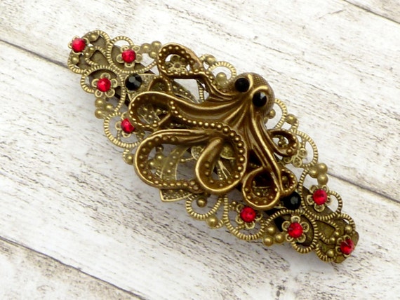 Steampunk hair clip with octopus, antique hair jewelry, red bronze, crystal hair clip, ocean, nostalgic gift for her, victorian steampunk by Schmucktruhe steampunk buy now online