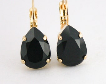 Black earrings,black jewelry,black and gold earrings,jet earrings,swarovski black earrings,swarovski, leverback earrings,teardrop earrings