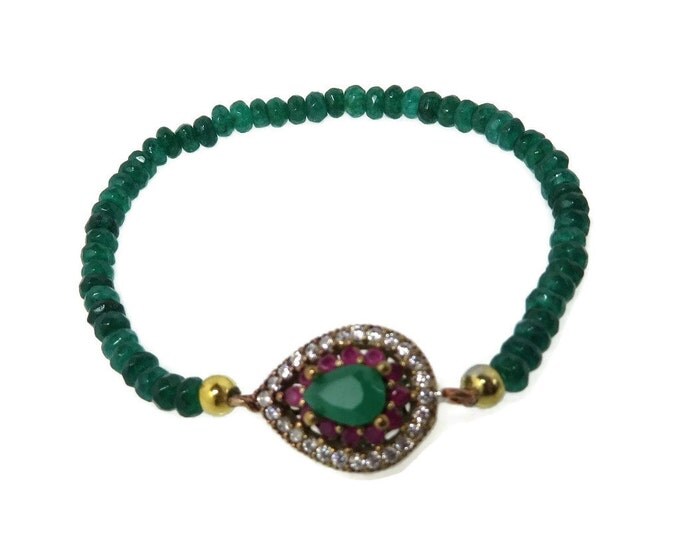 Emerald and Ruby Bracelet, Vintage Sterling Silver Beaded Stretch Bracelet