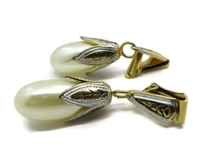 Dangling Pearl Earrings, Vintage Faux Pearl Spanish Earrings, Damascene Clip-on Earrings, Teardrop Earrings, Bridal Earrings, Gift for Her