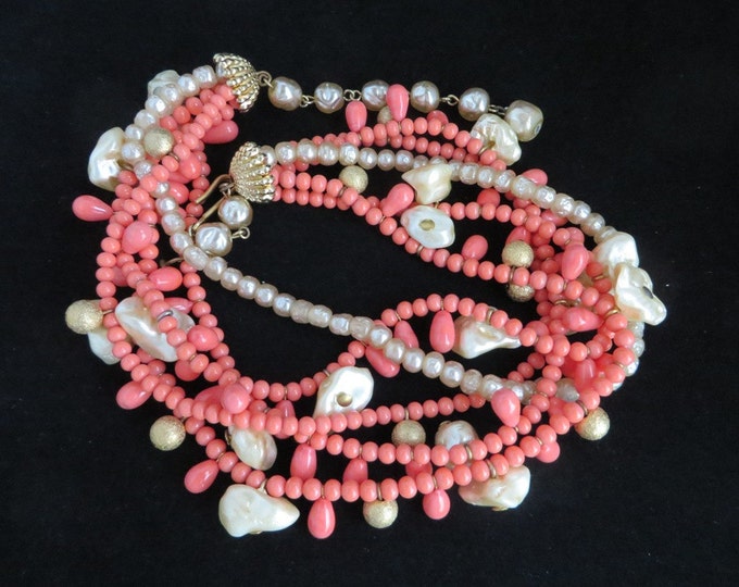 Vintage Multistrand Necklace - Faux Coral & Pearl Beaded Choker, Gift Idea, Gift Boxed
