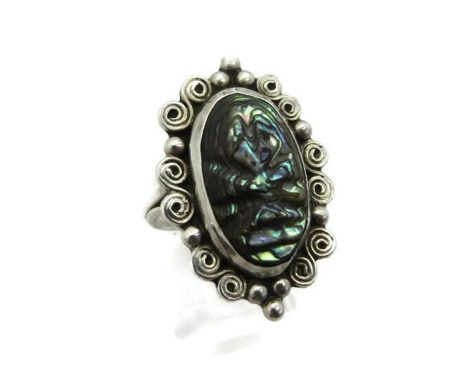 Mexican Abalone Sterling Silver Ring, Carved Abalone Ring, Size 7