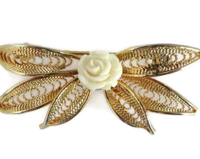 ON SALE! Hobe White Rose Gold Tone Brooch, Vintage Celluloid Rose Flower Pin