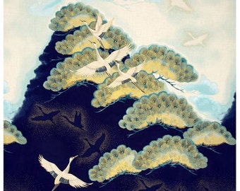 Vintage Japanese Cotton Fabric with Green Hills Pine Tree and White Crane ,for Dress ETC - One Piece