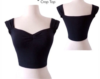 Jet BLACK Cherrybom Pin Up Crop Top, Rockabilly 3-in-1 Multiway Cap Sleeve Pinup Top handmade by Hardley Dangerous