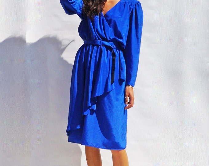 Cobalt Blue Dress, Vintage 1980s Blue Wrap Dress, Belted Dress, Dress With Sleeves, Peplum Dress, Day Dress, 80s Dress, Secretary Dress, 80s