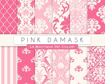 Cute pink damask digital paper. Pink digital paper pack of pink damask backgrounds patterns for commercial use clipart