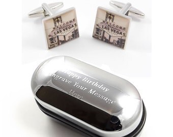 Viva Las Vegas, Las Vegas Cufflinks & Engraved Gift Box (X2FP021) - Novelty Cufflinks, Quirky Cufflinks, Personalised Cufflinks Box