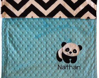 Panda Bear Baby Blanket, Personalized Minky Baby Blanket, Chevron Panda Baby Blanket, Panda Nursery
