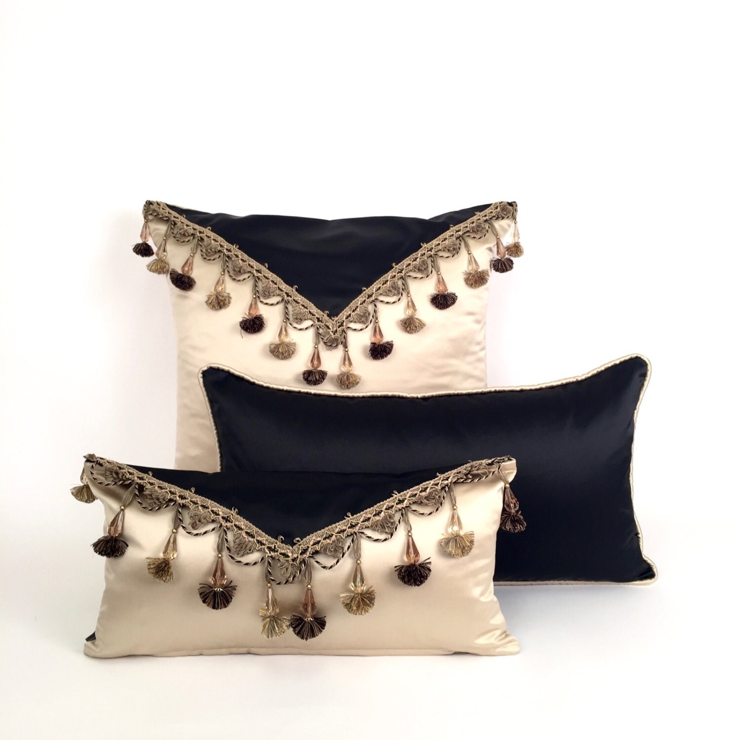Luxurious Cream and Black Class Beaded Pillows Traditional