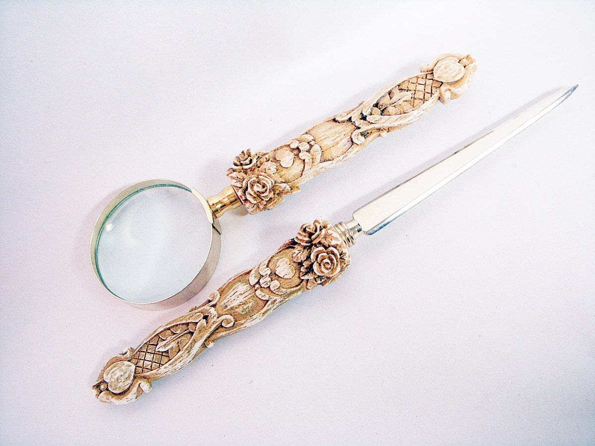 Carved Handle DESK SET Letter Opener Magnifying Glass
