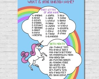 Unicorn Name Birthday Party Sign Decoration What is Your Unicorn Name Rainbow Unicorn Party Sign Decor Party Game Chart Printable PDF