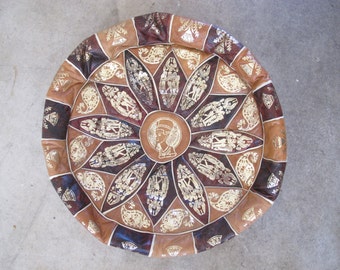 Patchwork Tan and Chocolate Leather Moroccan Pouf/Poof with Gold Printed Detailing