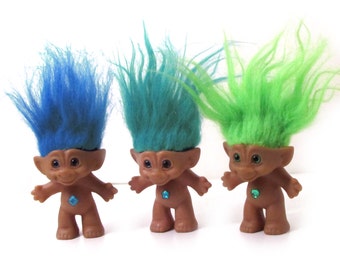 Jewel Belly Treasure Troll Dolls by Ace Novelty Co, Aqua Star, Lime Green Heart, Blue Diamond 4 inch