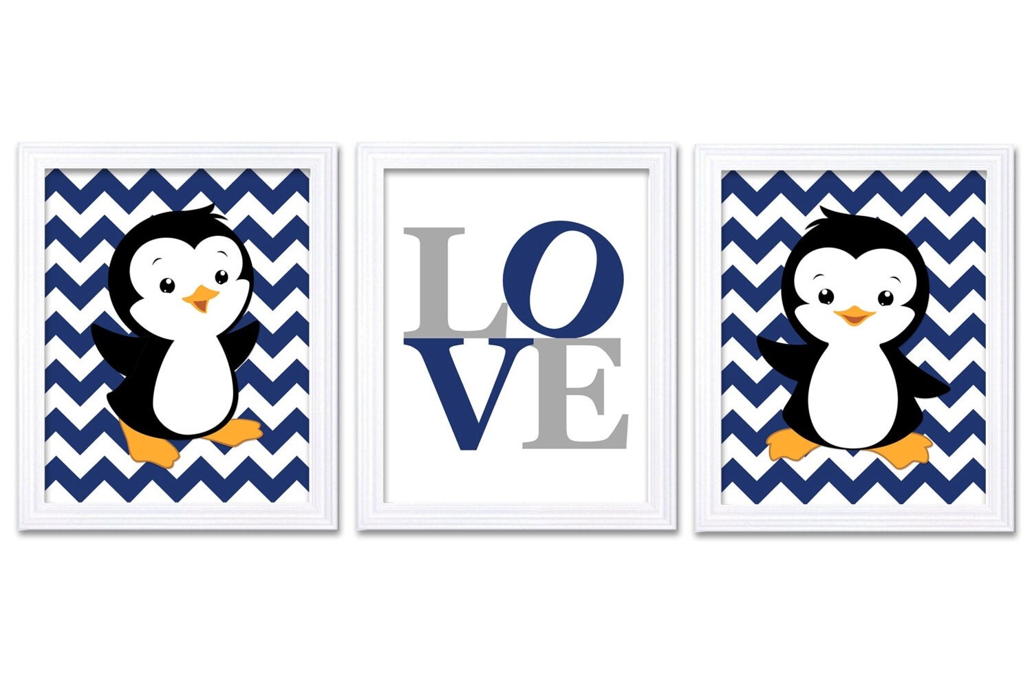 Penguin Nursery Art Set of 3 Prints LOVE Navy Blue Grey Gray Penguin Wall Decor Baby Boy Chevron Chi