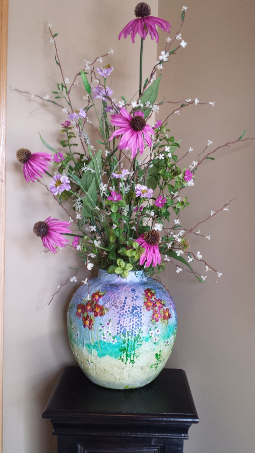 Mixed media vase filled with pink coneflowers by TheWeatheredShack
