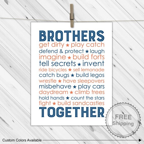 brothers quote wall art - boys subway art - navy and orange boys room decor - boys bathroom decor - playroom prints Il_570xn