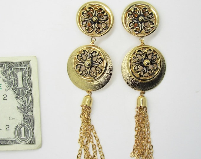 Vintage Long Tassel Earrings Gold Tone Filigree