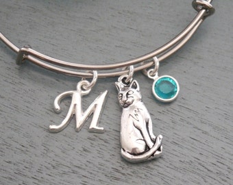 Cat Bracelet, Cat Charm Bangle, Cat Jewelry, Personalized Cat Bracelet, Cat Bangle, Cat Lover Gift, Letter Birthstone, Initial, Custom, BLCB
